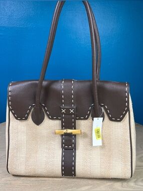 Kate Landry NWT Textured Straw Shoulder Bag Brown Cream Leather Trim